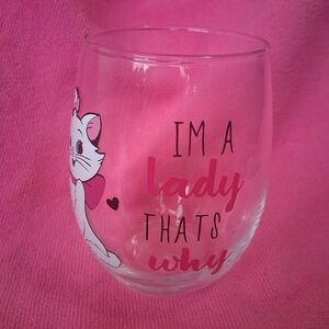 Clear Stemless Wine Glass with Pink Script and Cat Graphic